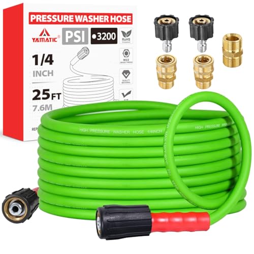 YAMATIC Super Flexible Pressure Washer Hose 25FT for Power Washer Replacement Kink Resistant Extension With Leak-Free M22-14mm Female & 3/8 Quick Connect Adapters 1/4 3200 PSI Green
