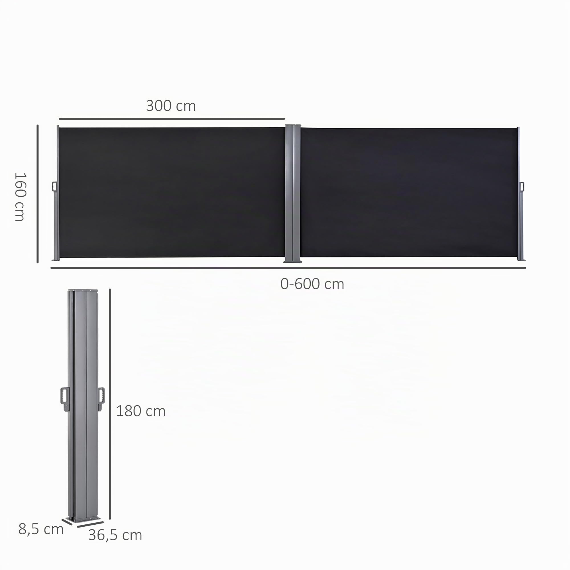 Outsunny Double Store Latéral Brise-Vue paravent 6L x 1,80H m Gris et Noir | Rétractable, Polyester Anti-UV, Haute Densité 180 g/m²