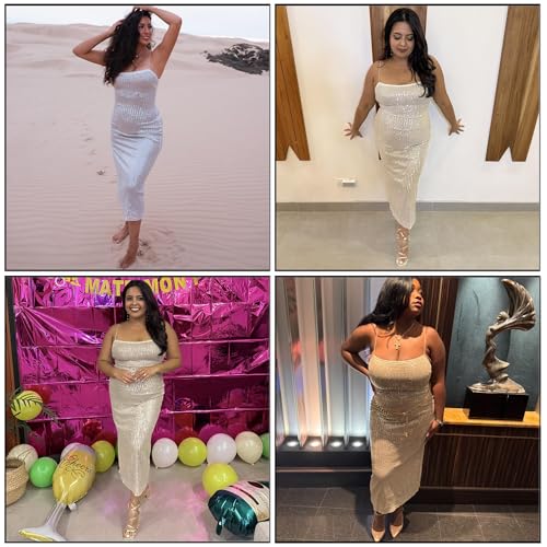 Women's Sequins Midi Dress Sexy Back Slit Spaghetti Strap Bodycon Long Dress Summer Sparkly Party Dresses3