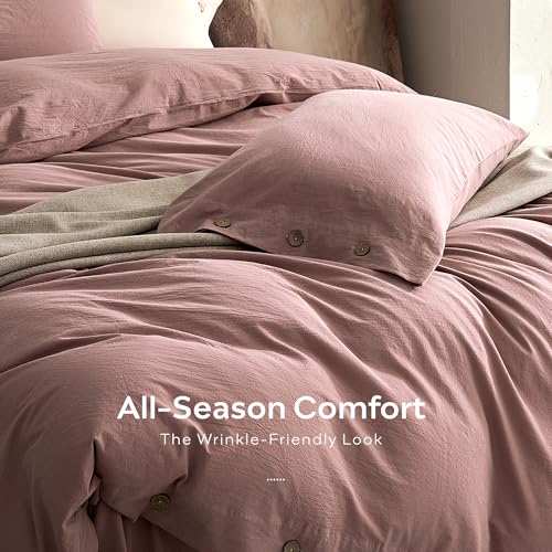 Image of JELLYMONI 100% Washed Cotton Duvet Cover King - Soft, Breathable Linen-Look Bedding with Natural Wrinkle Texture, Button Closure, 3-Piece Set (Darker Rose, 104 inchx90 inch)