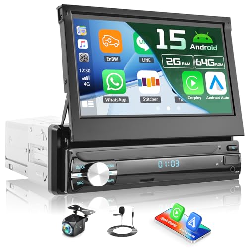 CAMECHO 2G+64G Android Radio de Coche 1 DIN con CarPlay Inalámbrico Android Auto, Pantalla Táctil HD de 7 Pulgadas Retráctil Pantalla con Mirror Link GPS WIFI FM/RDS USB/AUX + Cámara de visión trasera