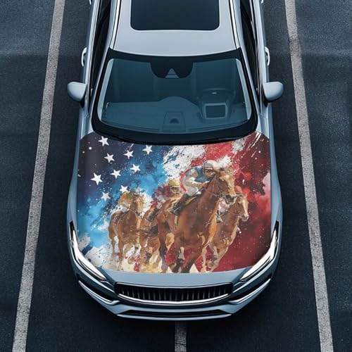 Image of Car Hood Cover Stretchable Auto Hoods Wraps Waterproof American Flag Horse Racing Auto Exterior Accessories for Compact Sedans SUVs Trucks Minivans (59x39 Inch)