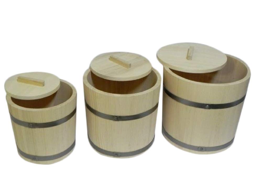 Wooden World - Juego de 3 Cubos de Madera Barril con Tapa 5 10 15 litros litros Sauna chucrut Almacenamiento