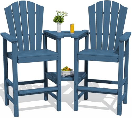 KINGYES Tall Adirondack Chair Set of 2, All-Weather HDPE Outdoor Adirondack Barstools with Double Connecting Trays, Bar High Airondack Chair with Wood Grain, Embossed Balcony Chair for Backyard, Blue