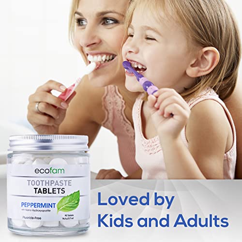 Ecofam Chewable Toothpaste Tablets - 90 Natural Peppermint Tabs - Zero Waste Glass Jar - Fluoride-Free -With Nano Hydroxyapatite - Made In The Usa #TOP4