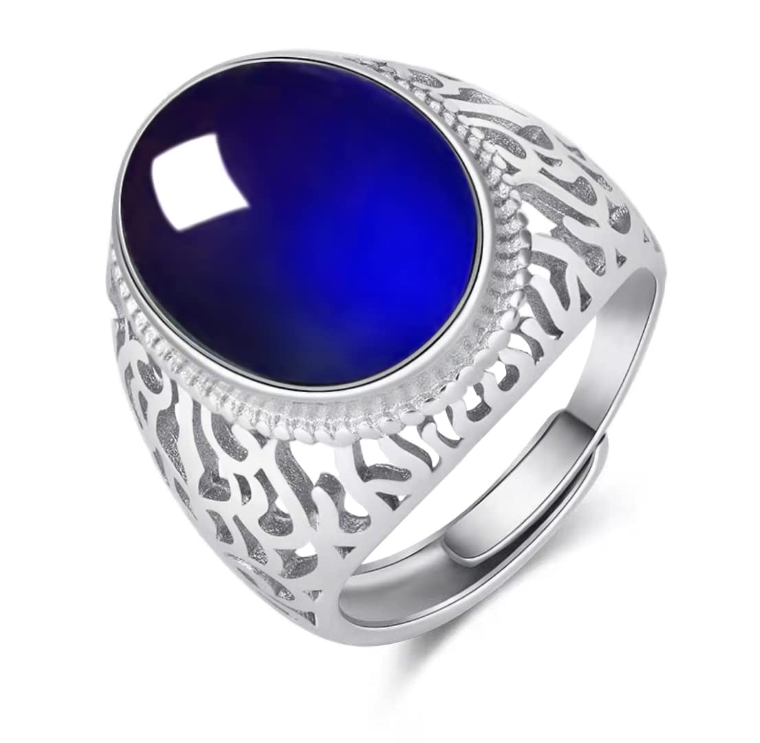 HAIXIAN Hollow out design Mens S925 Sterling Silver Ring with Natural Oval Agate Stone,Adjustable Handmade Mens Turkish Ring Jewelry