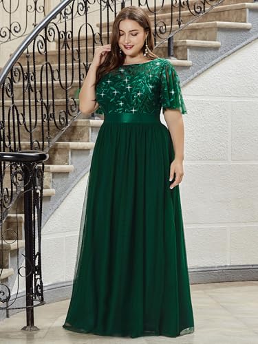Ever-Pretty Women's Round Neck Short Sleeves Plus Size A-Line Tulle Sequin Formal Evening Dresses 0904-DA23
