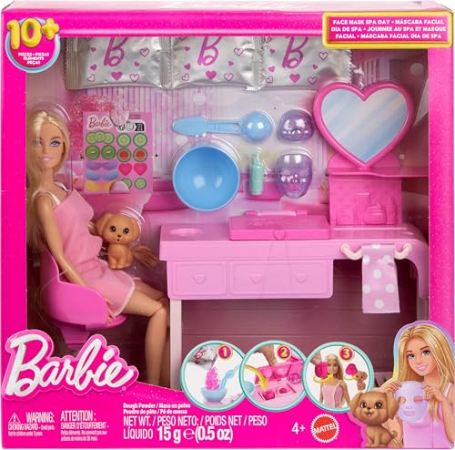 Image of Barbie Face Mask Toy Playset with Doll & 10+ Accessories Including 3 Powder Packs to Make Dough Masks, Spa Furniture, Pet Puppy, Sticker Sheet, & More