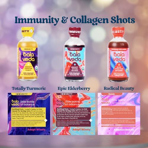 Image of balaveda Organic Energy and Wellness Shots Variety Pack, 2oz Glass Bottles | USDA Organic Adaptogen Shots, Energy, Beauty & Immunity Wellness Shot Varieties, 2oz Glass Bottles