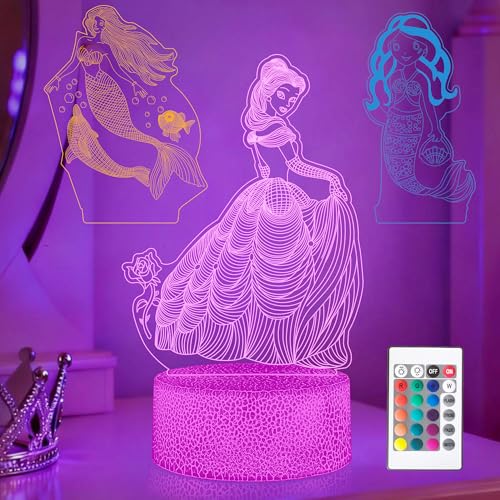 ToohanFex Princess Gifts for Girls Ages 6-12 3D Illusion Night Light 16 Colors Remote Control 3 Patterns Themed Bedroom Lamp Decor for Girls Room Holiday Birthday Present for Kids