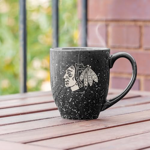 Image of Rico Industries NHL Hockey Chicago Blackhawks Black Personalized 16 oz Team Color Laser Engraved Speckled Ceramic Coffee Mug