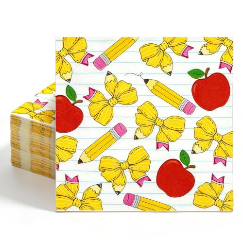 AnyDesign 50 Pcs Back to School Paper Napkins Yellow First Day of School Luncheon Napkin Apples Pencil Bow Notebook Disposable Dessert Napkin for Teacher Appreciation Kindergarten Party Supplies Decor