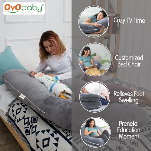 Image of OYO BABY Pregnancy Pillows for Sleeping J-Shape Full Body Pillow and Maternity Support - for Back, HIPS, Legs, Belly for Pregnant Women with Removable Washable Velvet Cover (Grey)