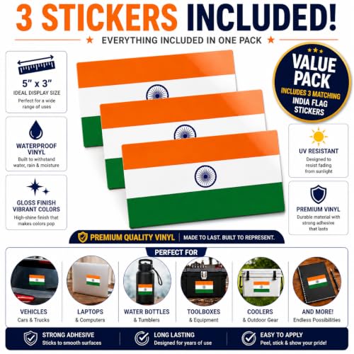 Image of Indian Vinyl Flag Stickers, Car Decals, Waterproof Indoor Outdoor, Laptop Stickers, Car Bumper, India Flag, 5 x 3 Inches, Set of 3