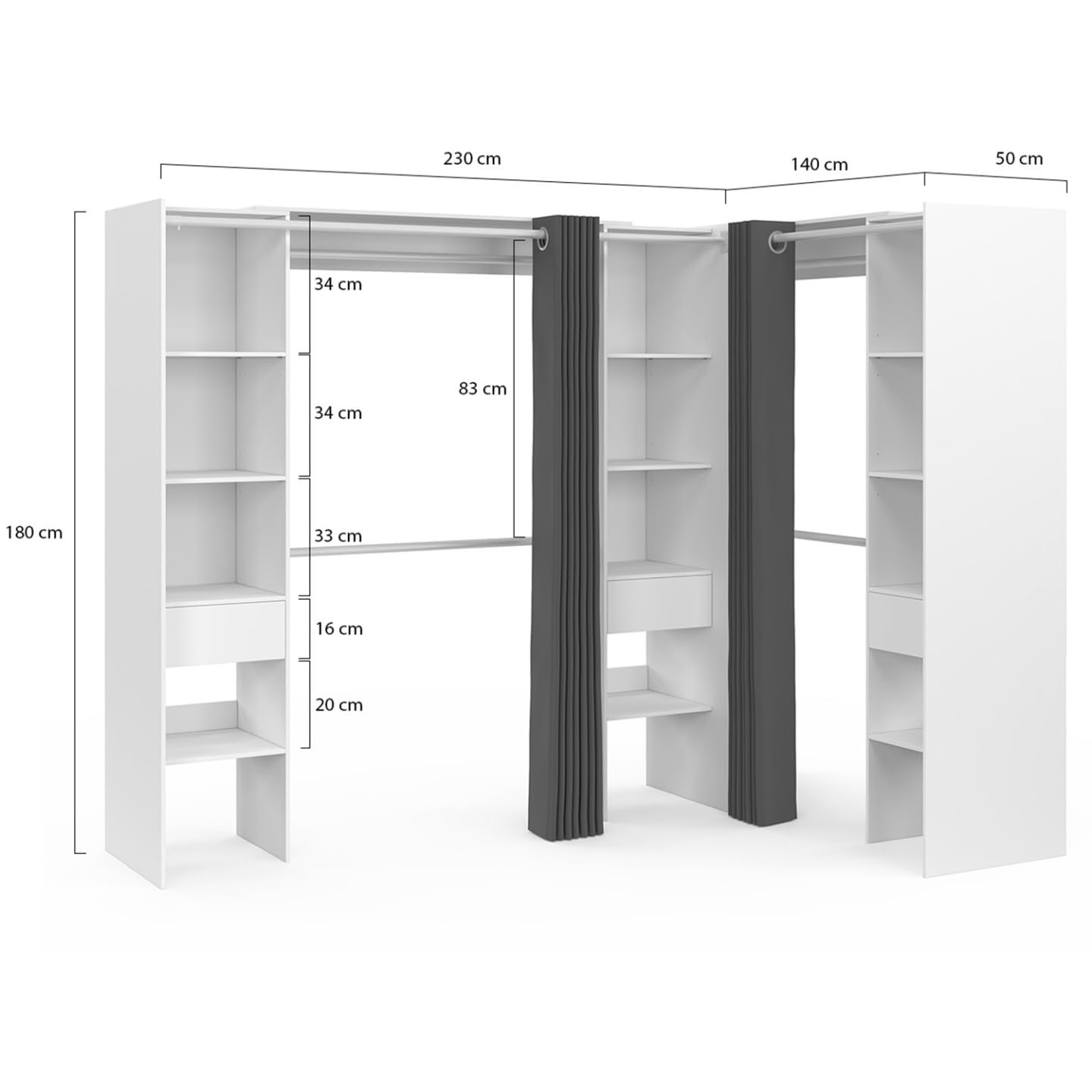 IDMarket - Dressing extensible d'angle MARLON 230 x 140 x 180 cm blanc avec penderies + étagères + rideaux gris