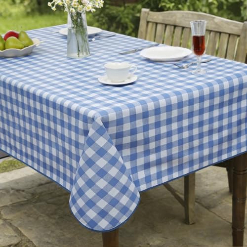 FIBORIA Table Cloth Wipe Clean Outdoor Gingham Vinyl Waterproof Rectangular Blue 140x200 cm Heavy Duty PVC Tablecloth Oilcloth with Reinforced Hem for Garden Dining Patio Kitchen Spring Picnics BBQ