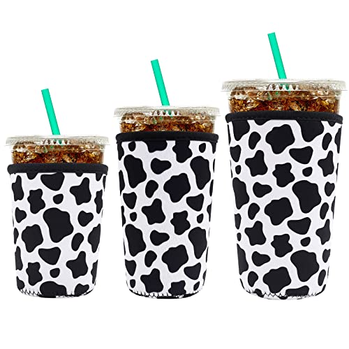Image of YR Reusable Neoprene Insulator Sleeve for Iced Coffee Cups, 3 Pack Coffee Coolies sleeves for Iced & Hot Drinks, Cold Beverage Cooler Compatible with Starbucks Coffee and More (Cow)
