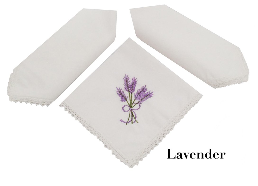 Pack of 3 Beautiful 100% Cotton Ladies Handkerchiefs with Fine Crochet Border (Lavender)