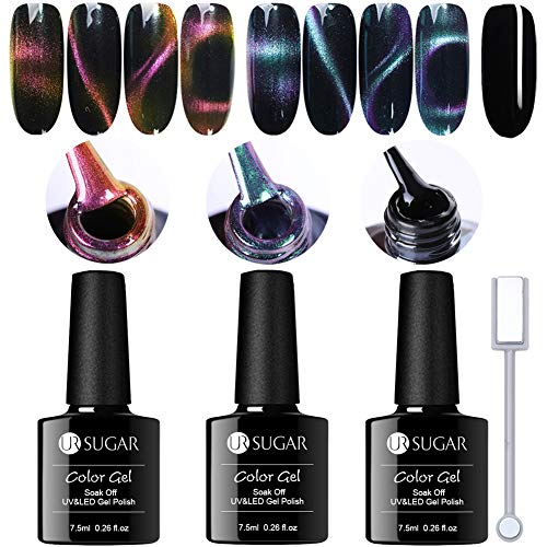 UR SUGAR 3D Chameleon Cat Eye Gel Polish Magnetic Gel Soak Off Manicure Nail Art UV Gel Polish Set 2 Colors with Pure Black Base Color Gel 1PC Magnetic Stick