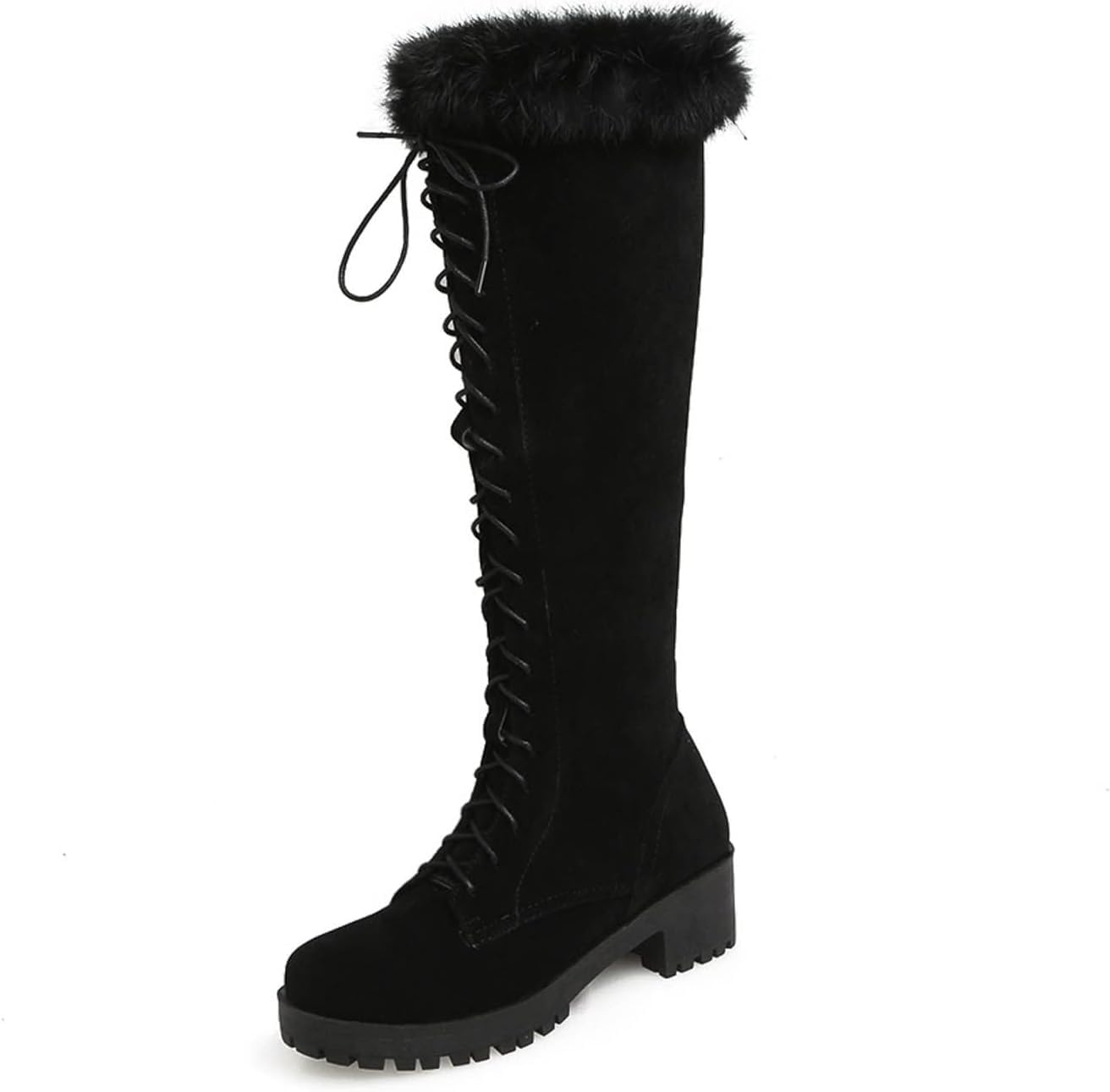 Snow Knee High Boots for Women - Fashion Lace Up Side Zipper Chunky Heel Boots Casual Plush Faux