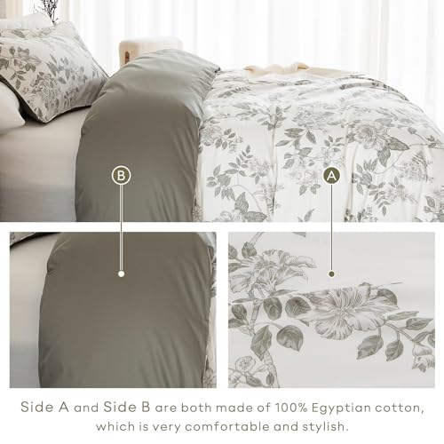 Qsh 100% Egyptian Cotton Duvet Cover Set Queen Size Green Floral Vintage Bedding Set Botanical Flower Leaves Pattern Duvet Cover Country Soft Breathable Cover 3 Pcs thumb #2