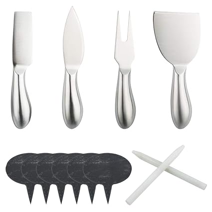 Set of 12, Stainless Steel Cheese Slicers with Cheese Markers and Soapstone Chalks, findTop 4 Pieces Cheese Slicer Cheese Cutter, 6 Pieces Natural Slate Cheese Labels, 2 Pieces Soapstone Chalks
