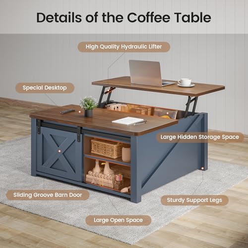 Image of SEDETA 31.5 inch Lift Top Coffee Table with Storage, Square Coffee Tables for Living Room, Farmhouse Coffee Table with Large Hidden Storage Compartment and Adjustable Shelves, Blue