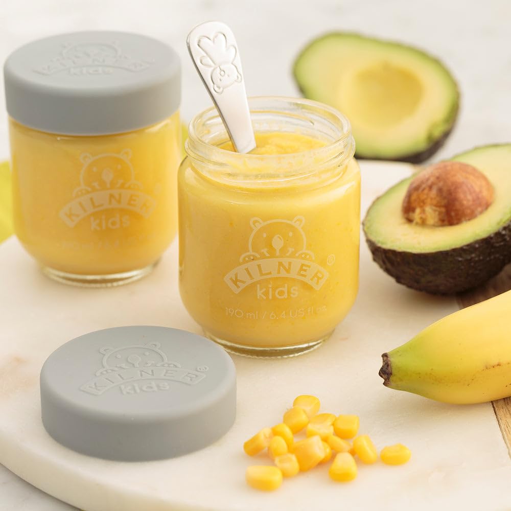 KILNER Babygläser Set 6 x 190 ml, Glas mit Silikondeckel, spülmaschinenfest | Babynahrungsgläser, spülmaschinenfest, mikrowellengeeignet, gefriergeeignet, auslaufsicher, 12 Etiketten inklusive