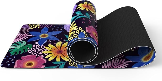 Haquno Extra Thick Yoga Mat 6mm - Non-Slip Exercise Mat for HIIT, Pilates & Home Workouts & Workout with Free Carry Strap（dark flowers）