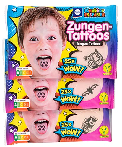 Küchle Zungen-Tattoos – Kinder-Oblaten – Knabber-Esspapier – Süßigkeiten Kindergeburtstag – 3 x 25 Tattoos – 3 x 11g