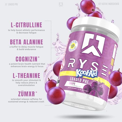 Ryse Loaded Pre Workout Powder Supplement for Men & Women | Pumps, Energy, Focus | Beta Alanine + Citrulline | 390mg Caffeine | 30 Servings (Kool Aid Grape)