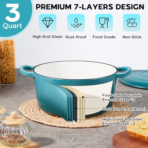 Onader Small Dutch Oven Pot with Lid, 3 Quart Round Enameled Dutch Oven for Bread Baking, Heavy Duty Cast Iron Cookware - Dark Cyan