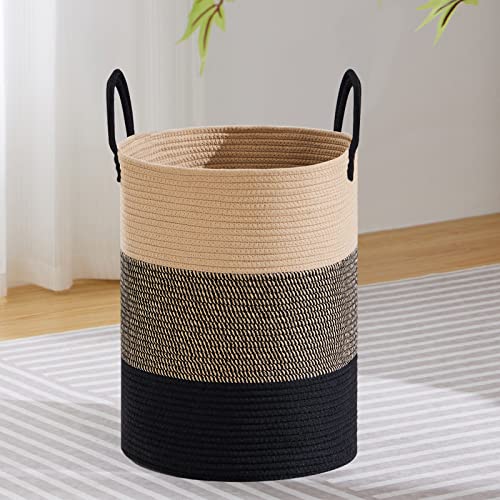 Image of VIPOSCO Large Laundry Hamper, Tall Woven Rope Storage Basket for Blanket, Toys, Dirty Clothes in Living Room, Bathroom, Bedroom - 58L Brown & Black