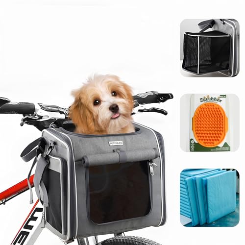 Hundekorb Fahrrad Vorne, Erweiterbarer Faltbarer Hundefahrradkorb Vorne mit 4-Offenen Türen, 4-Mesh-Fenster, Haustier-Reisetasche, Hunderucksack für Kleine und Mittelgroße Katzen und Hunde