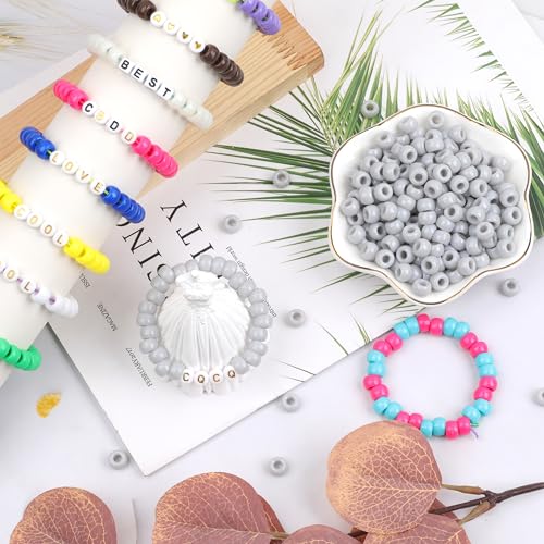 Image of 1000Pcs Pony Beads Bracelet 9mm Gray Plastic Barrel Pony Beads for Necklace,Hair Beads for Braids,Key Chain,Jewelry Making (Gray)