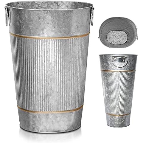 Tavenly Galvanized - Decorative Bronze Accents, Farmhouse Bathroom Accessories, Small Trash Can - Oval Vintage Tin Can, Waste Basket for Bathroom, Garbage Bin Cover