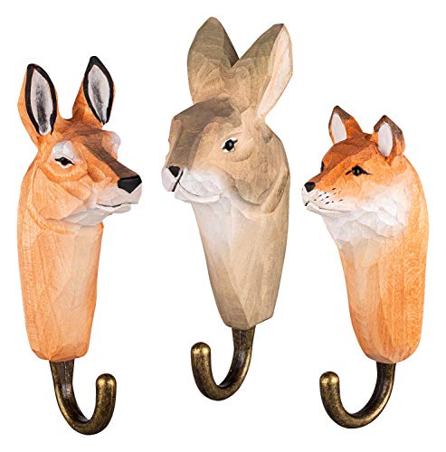 3 Wandhaken Garderobehaken Kleiderhaken aus Holz Waldtiere: Reh, Fuchs und Hase, mit Metallhaken handgearbeitet 12cm Cover