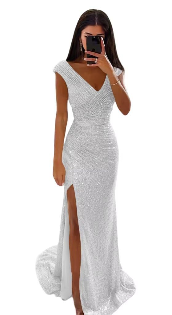 Sequin Mermaid Long Prom Dresses 2026 for Teens Sparkly V Neck Ruched Formal Evening Gown with Slit WA044