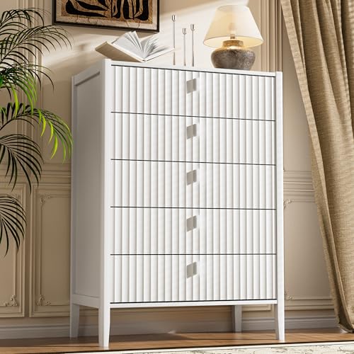 Image of Furniway White 5 Drawer Dresser, 31.5 inch Wide Modern Chest of Drawers with Fluted Front and Metal Handles, Storage Dresser for Bedroom, Living Room, or Entryway