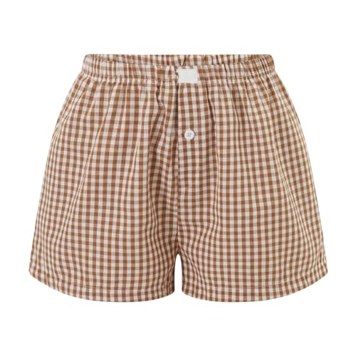 Image of Pivanzore Y2k Plaid Shorts for Women Casual Elastic Waist Aesthetic Lounge Bottom Baggy Pajama Shorts Boxers Sleepwear