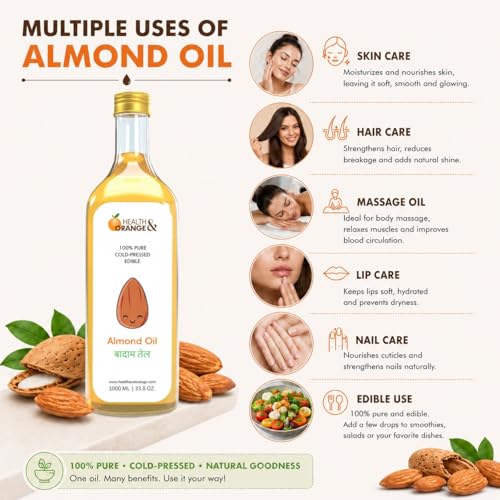 Image of H&O Sweet Almond Oil - 100% Pure Cold Pressed Edible Badam Tel - 1000ml Glass Bottle - For Healthy Skin, Hair and Body
