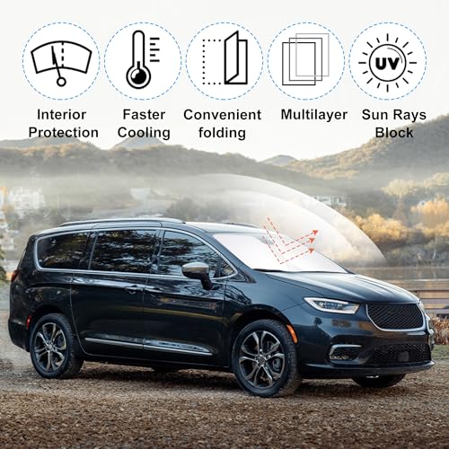Image of Windshield Sun Shade Custom Fit for 2017-2024 2025 2026 Chrysler Pacifica Minivan Accessories Foldable Sunshade Sun Blocker Protect Car from Sun Rays & Heat Damage Keep Car Cooler