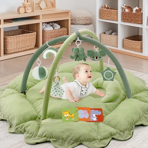 Image of 5-in-1 Plush Baby Play Gym, Tummy time mat, Play Mat, Baby Gym, Activity Mat with Convertible Gym and Pillow, 6 Sensory Toys, Play Center from Newborn to Toddler, Soft Green