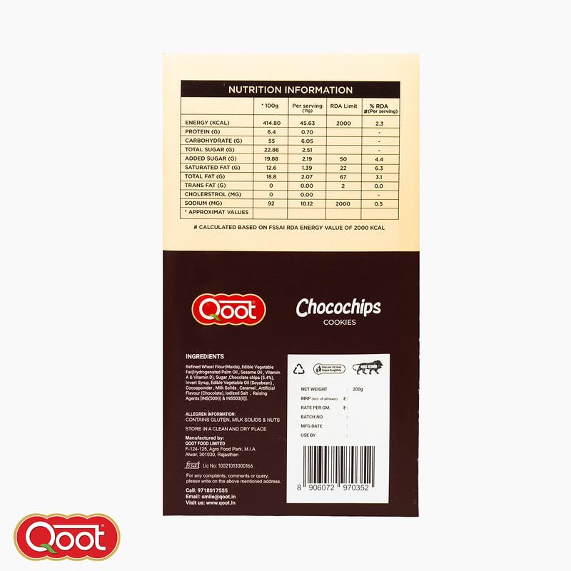 Image of Qoot Choco Chip Cookies (Pack of 3 x 200g) | Healthy, Crunchy Nutty Cookies & Biscuits | No Palm Oil, No Preservatives, No White Sugar | Natural, Protein-Rich Snack | Freshly Baked Snacks for Tea, Breakfast & Gifting