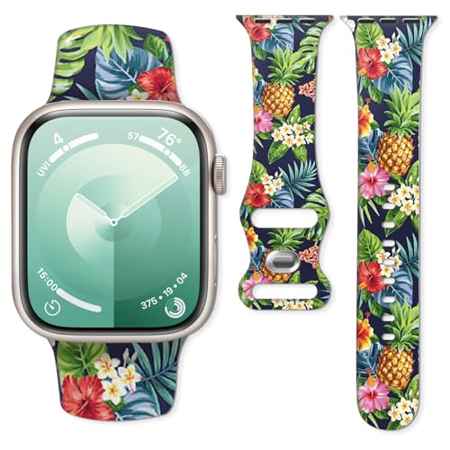 Sport Watch Bands Compatible with Apple Watch Band 38mm 40mm 41mm for Women Men, Adjustable Soft Silicone Replacement Smartwatch Wristband for iWatch Series 7 6 5 4 3 2 1 SE(Palm leaf pineapple)