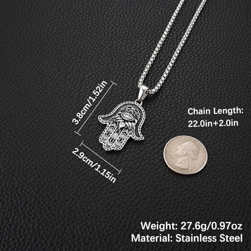 AsAlways Stainless Steel Hand of Fatima Pendant Vintage Amulet Charm Relief Carving Evil Eye Hamsa Hand Necklace Religious Gifts4