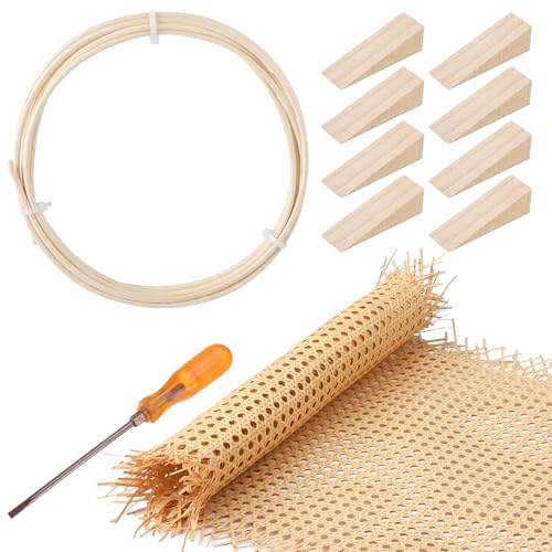 Leriton Rattan Repair Kits with 1 PC 14 Inch x 3.3 Feet Cane Webbing Roll, 1 PC 1/4 Inch Cane Webbing Spline & Caning Chisel, 8 Wooden Wedges for Chair, Cabinet, Home Caning Furniture Repair