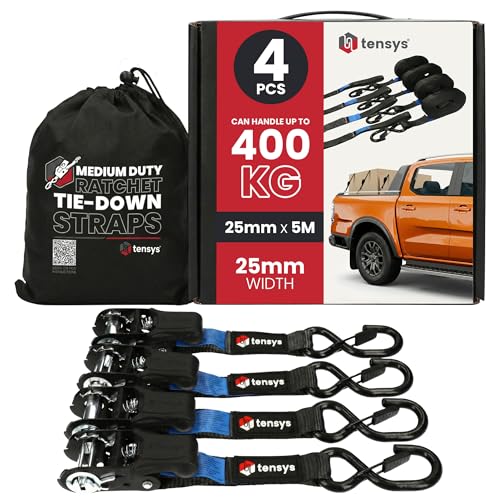 TENSYS Ratchet Tie Down Straps - 800kg Max Break Force Heavy Duty Ratchet Straps w/Padded Handle 0.38m Soft Loops Coated S Hooks for Securing Cargo Roof Racks Luggage 25mm x 5m Black 4 Pack