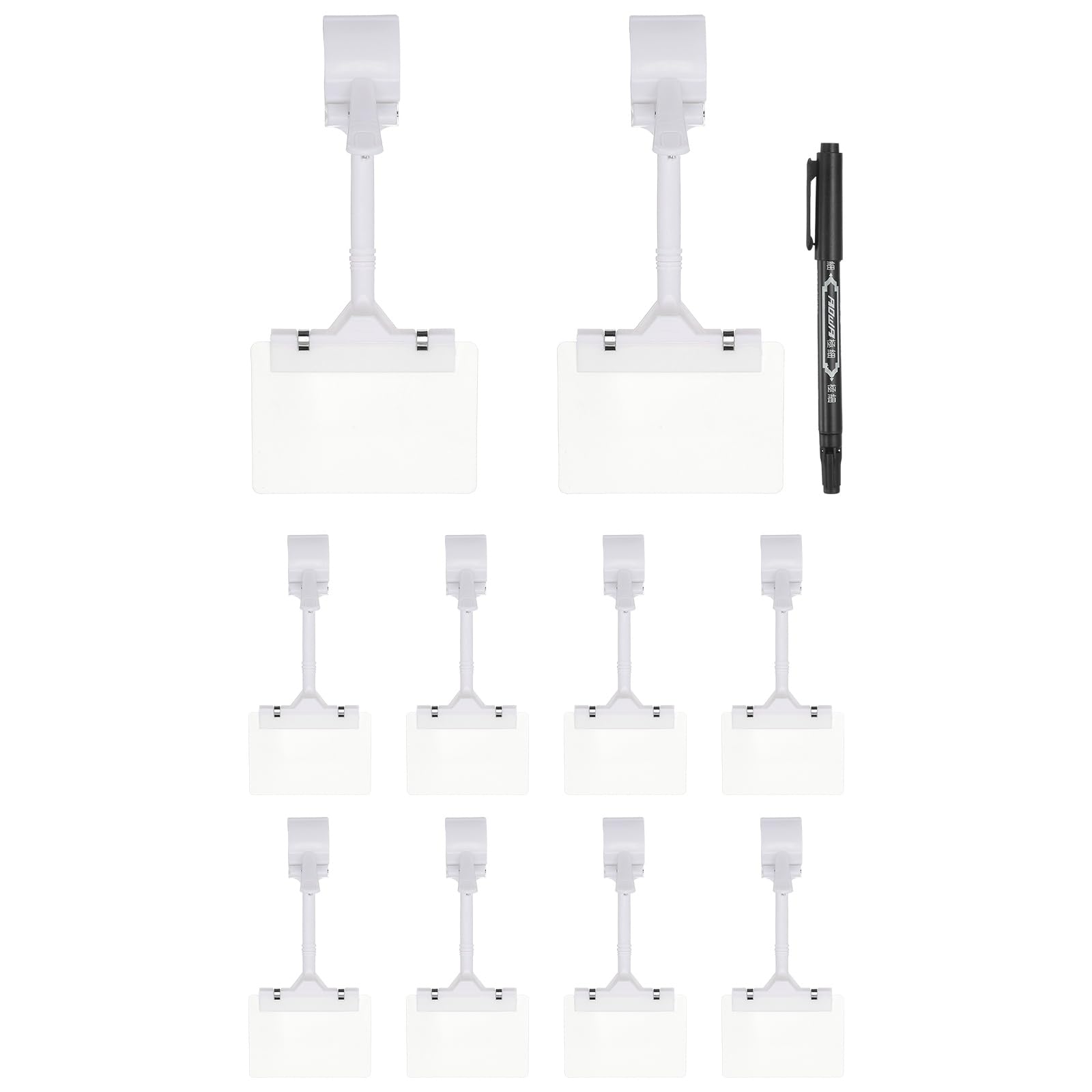 PATIKIL Sign Holder Clips, 10 Pcs Sign Holder Double Clip Adjustable Price Tag with White A7 Plastic Cards & Erasable Marker for Supermarket Office Exhibition, White