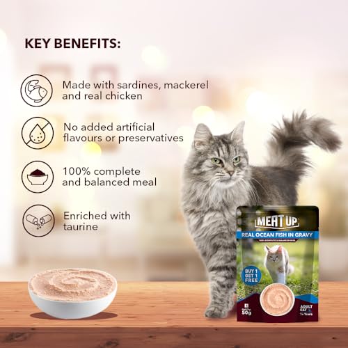 Image of Meat Up Adult Cat Wet Food 16 Pouches x 50g, Total 800g | Real Ocean Fish in Gravy | Supports Heart & Vision | Strong Bones & Teeth | Natural Flavors | Organic Minerals